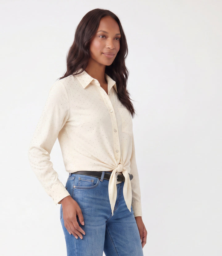 Faux Suede Long Sleeve Embellished Tie-Front Shirt