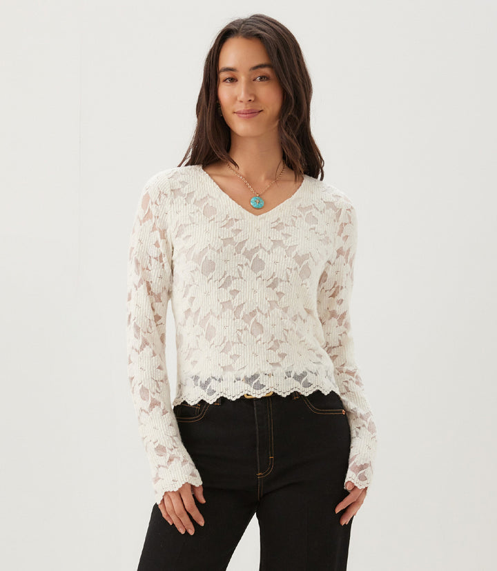 Long Sleeve Floral Burnout V-Neck Top