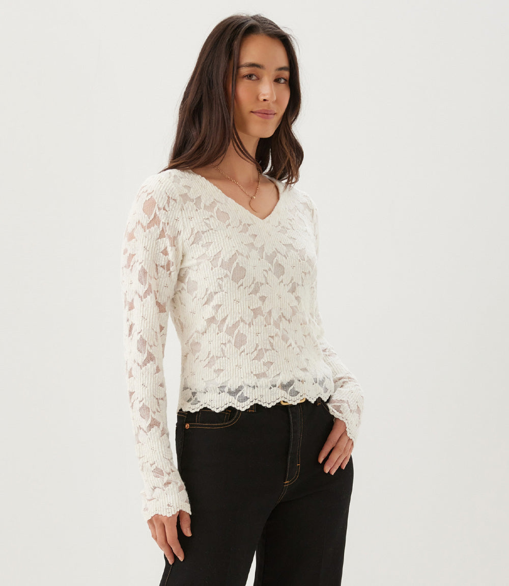 Long Sleeve Floral Burnout V-Neck Top