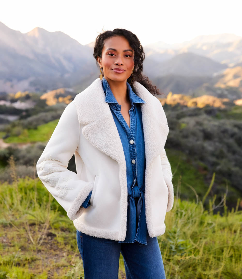 Faux Suede Embroidered Sleeve Shearling Coat