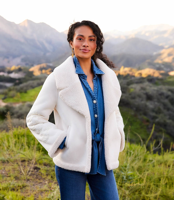 Faux Suede Embroidered Sleeve Shearling Coat