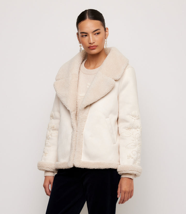 Faux Suede Embroidered Sleeve Shearling Coat