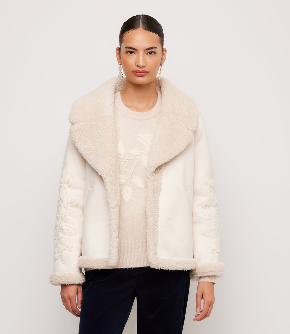 Faux Suede Embroidered Sleeve Shearling Coat