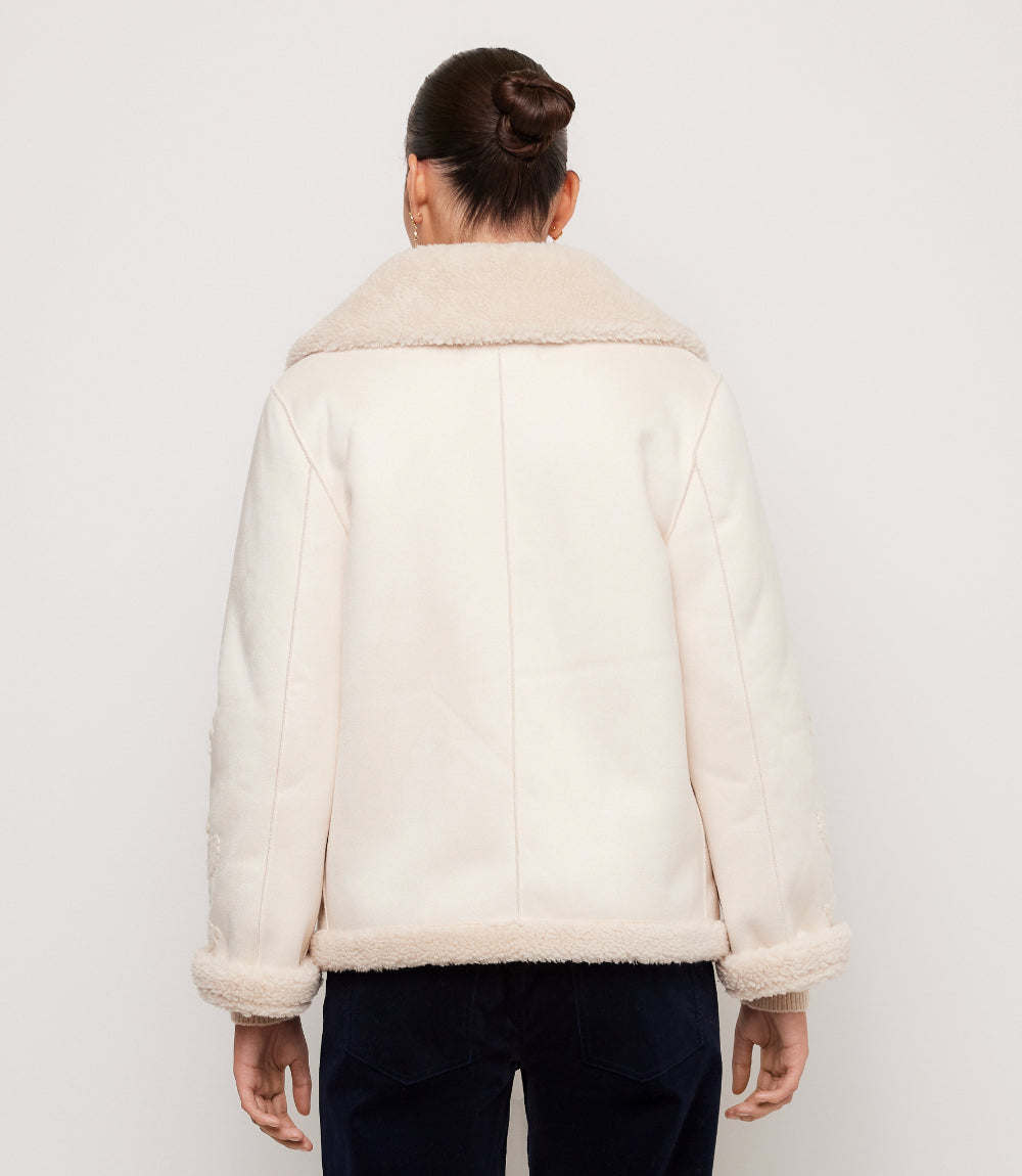 Faux Suede Embroidered Sleeve Shearling Coat