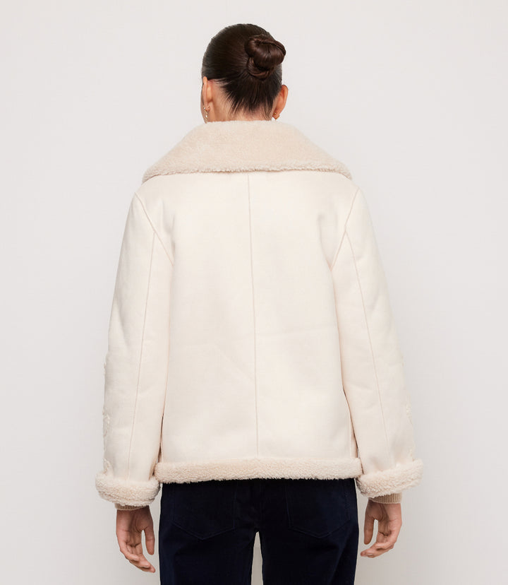 Faux Suede Embroidered Sleeve Shearling Coat