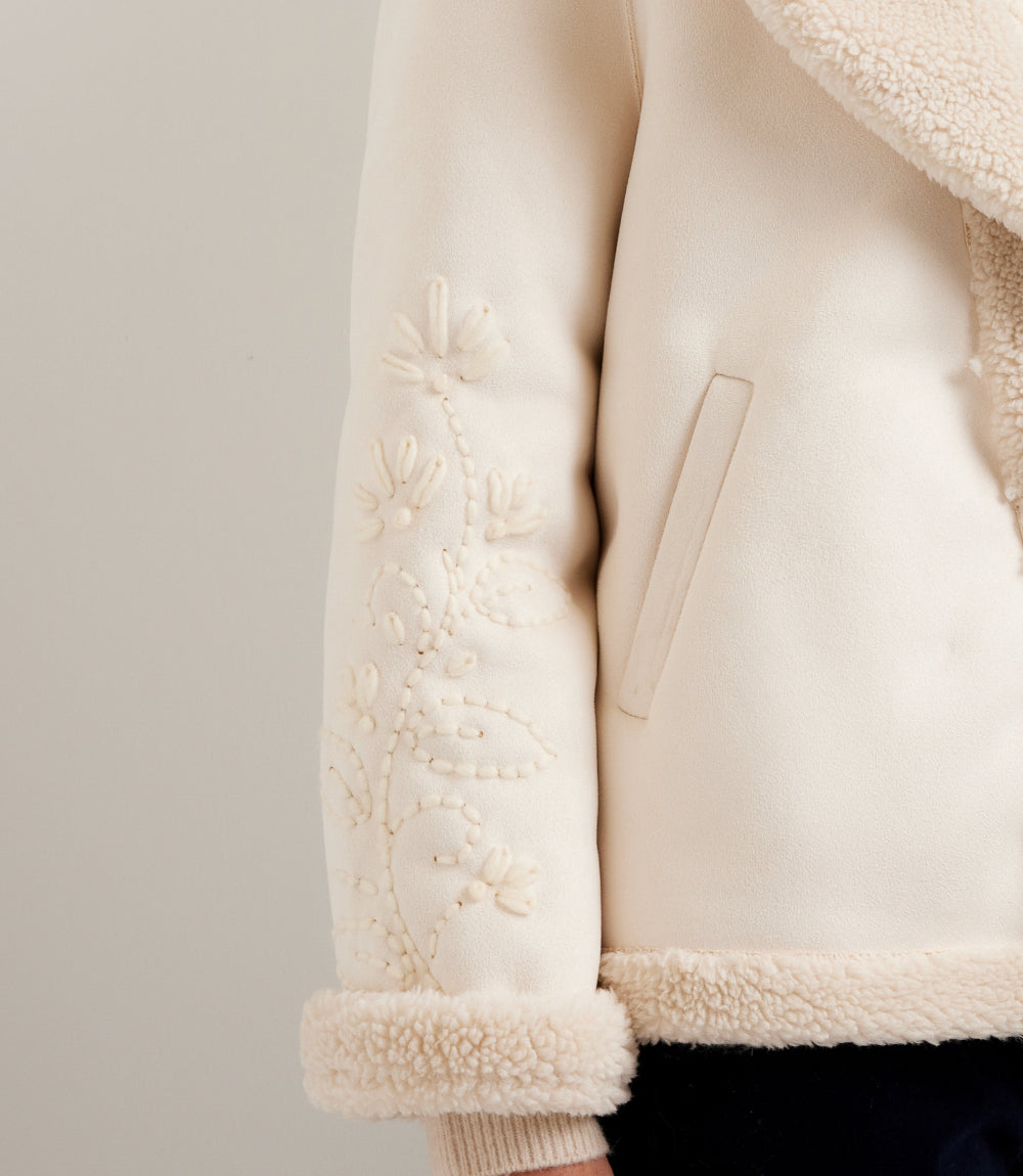 Faux Suede Embroidered Sleeve Shearling Coat