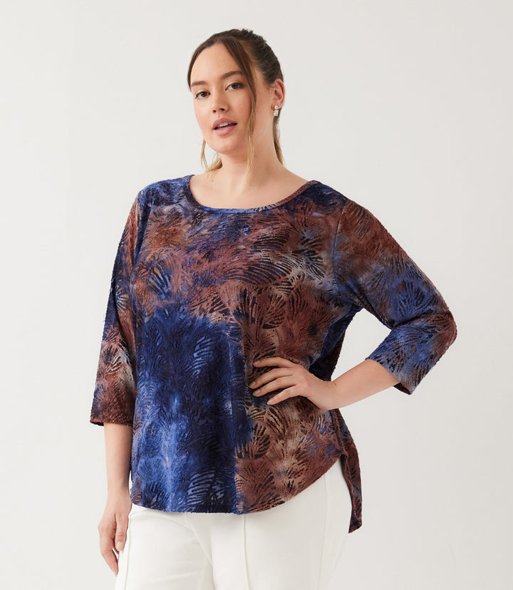 Plus Size 3/4 Sleeve Tie-Dye Burnout Shirttail Top