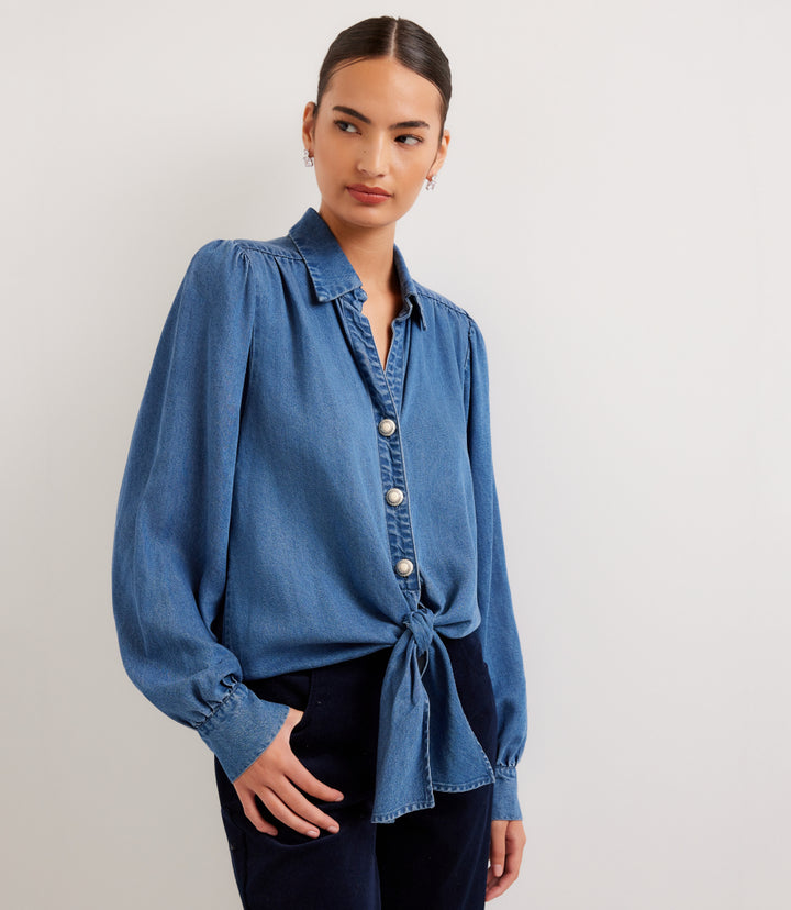 Denim Long Sleeve Tie-Front Top