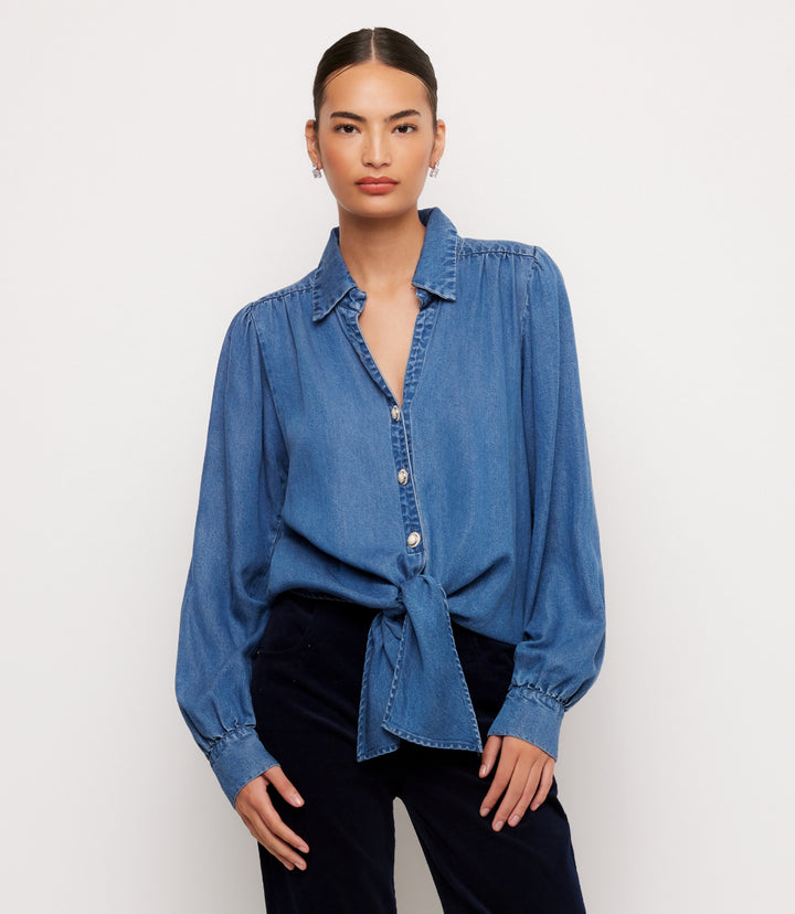 Denim Long Sleeve Tie-Front Top