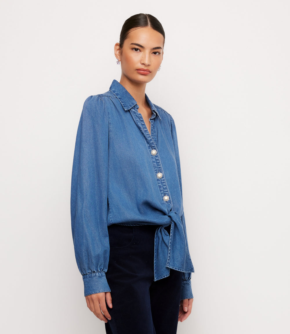 Denim Long Sleeve Tie-Front Top