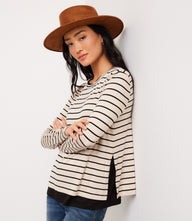 Stripe Long Sleeve Double Layer Side-Slit Top