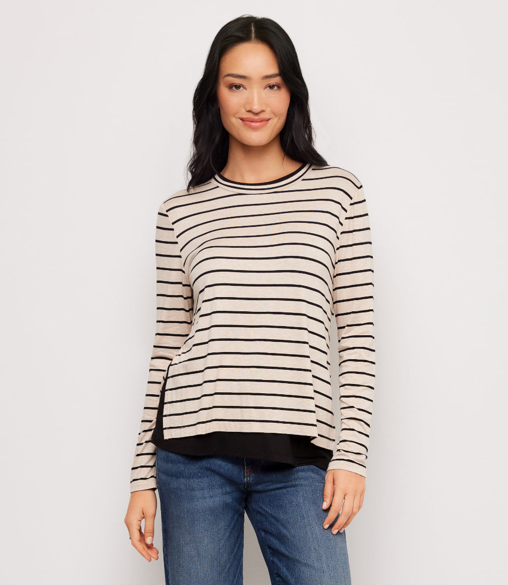 Stripe Long Sleeve Double Layer Side-Slit Top
