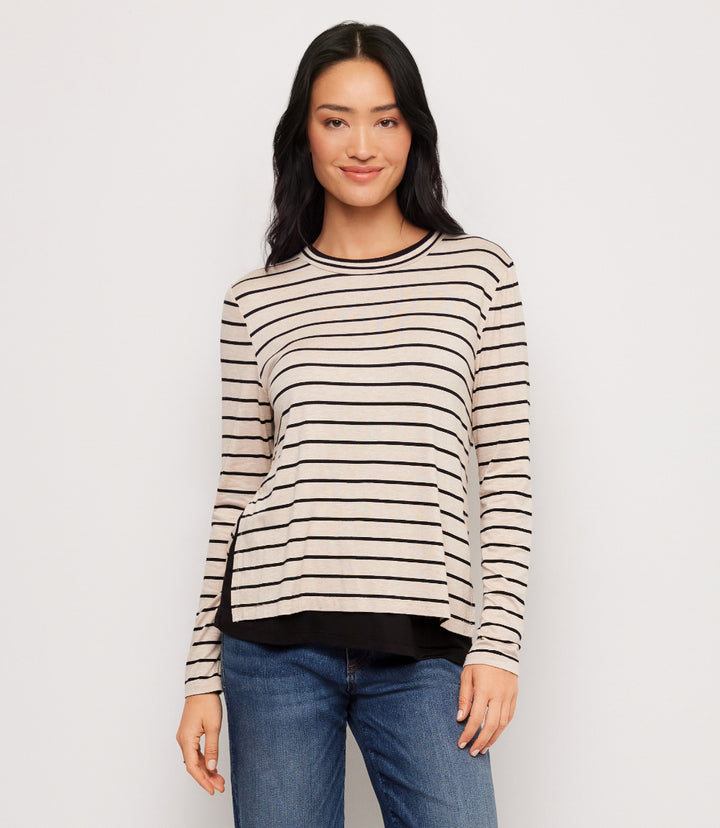 Stripe Long Sleeve Double Layer Side-Slit Top