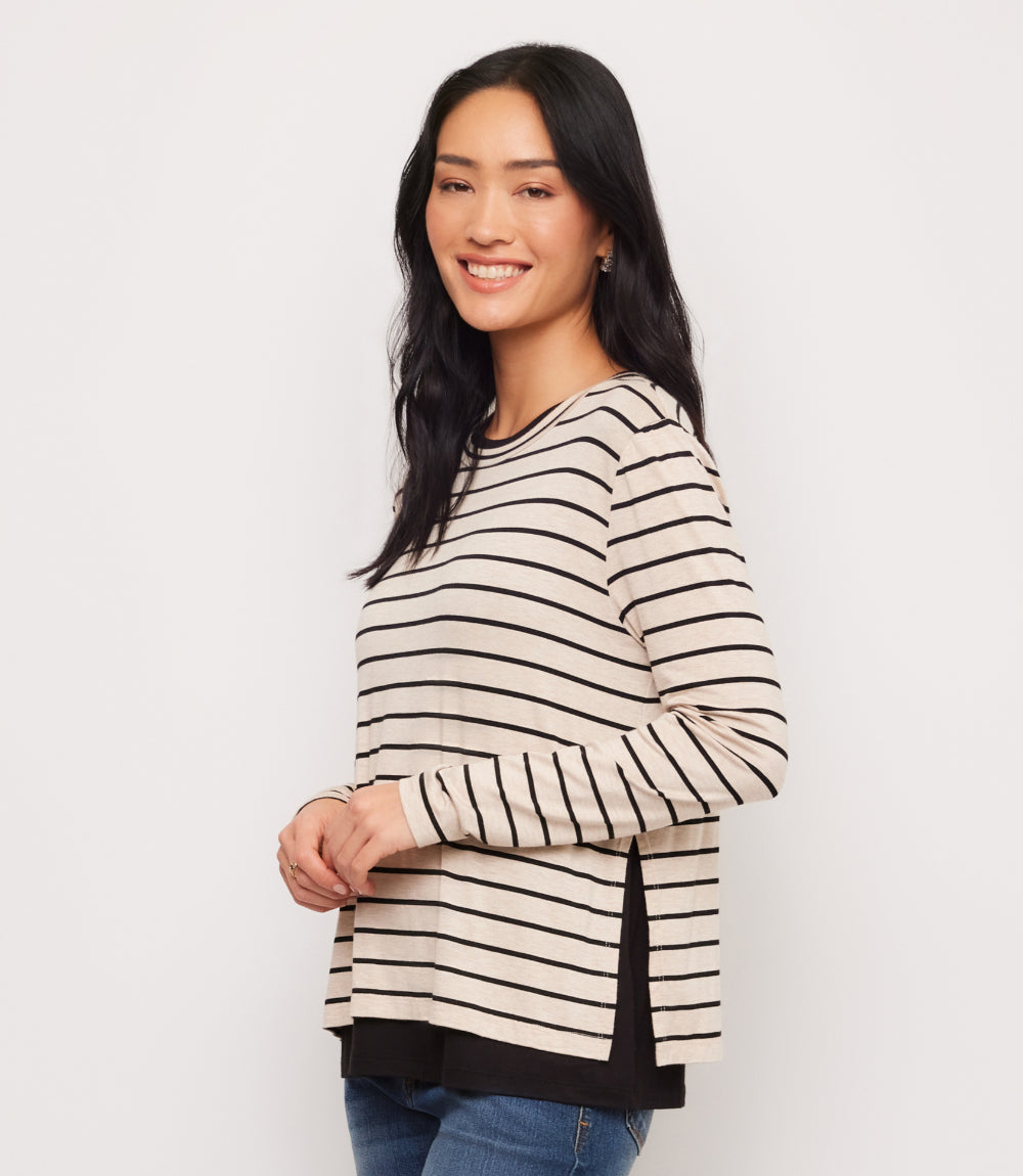 Stripe Long Sleeve Double Layer Side-Slit Top