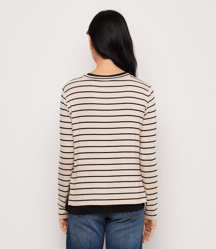 Stripe Long Sleeve Double Layer Side-Slit Top