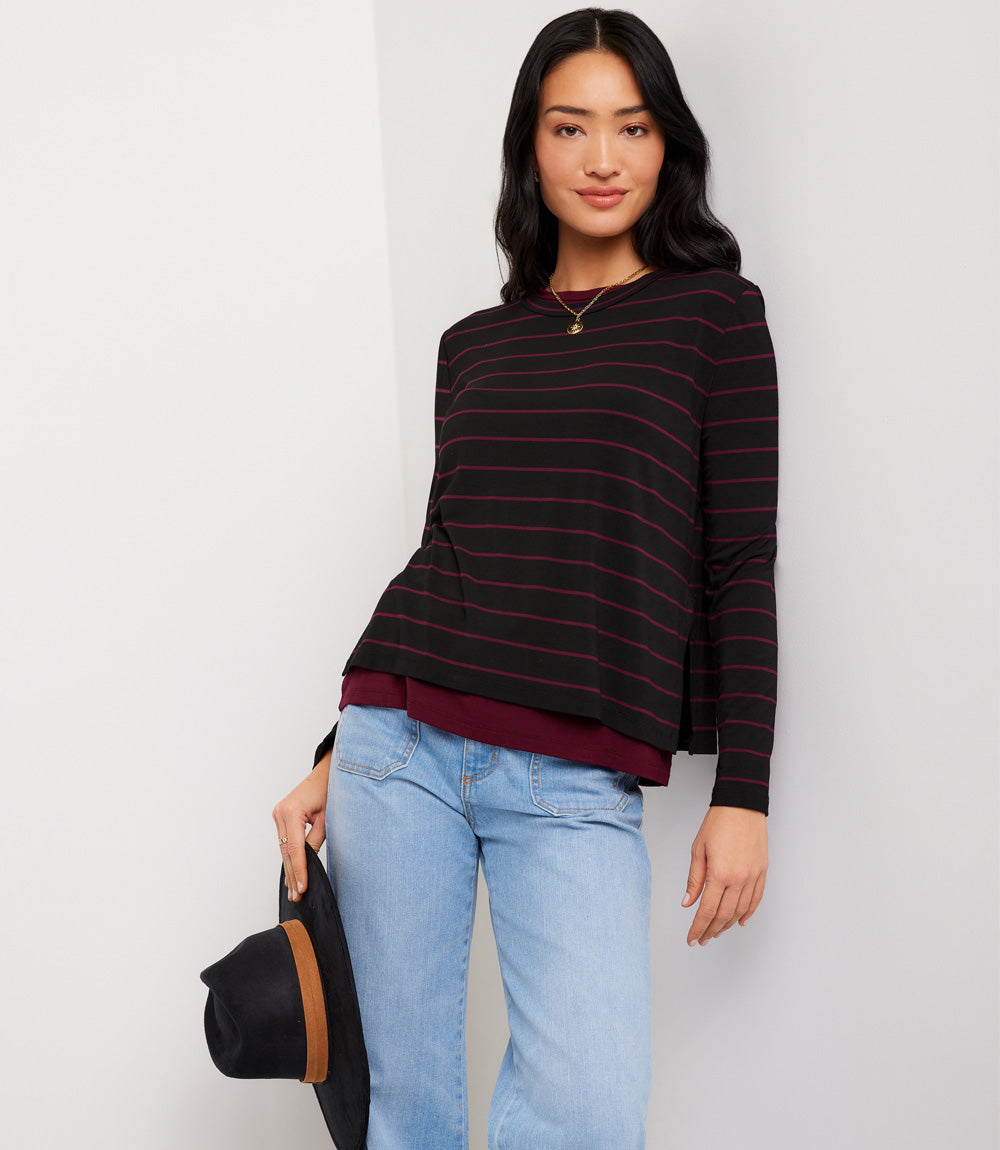 Long Sleeve Stripe Double Layer Side-Slit Top