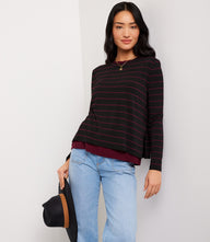 Long Sleeve Stripe Double Layer Side-Slit Top