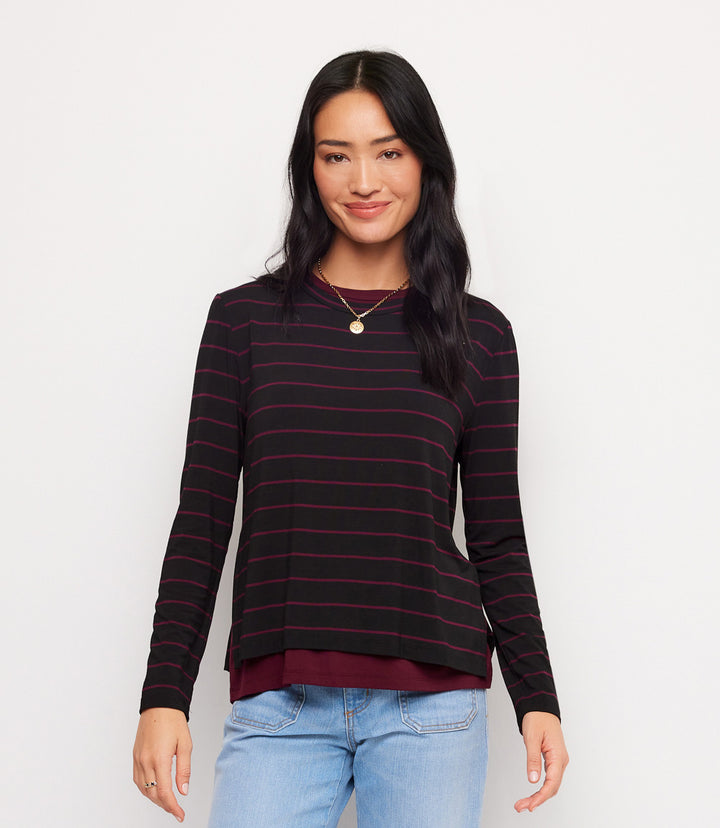 Long Sleeve Stripe Double Layer Side-Slit Top