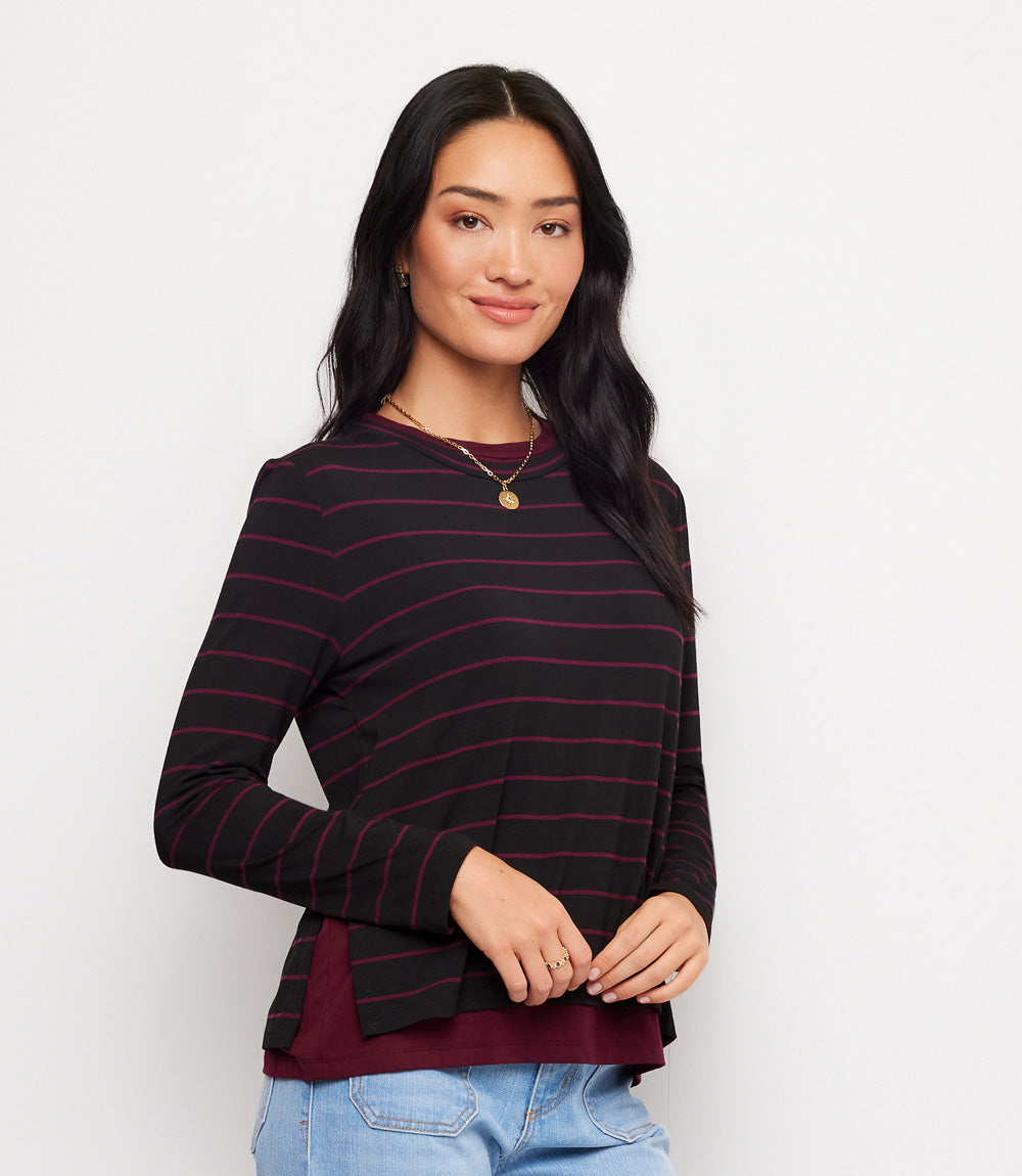 Long Sleeve Stripe Double Layer Side-Slit Top