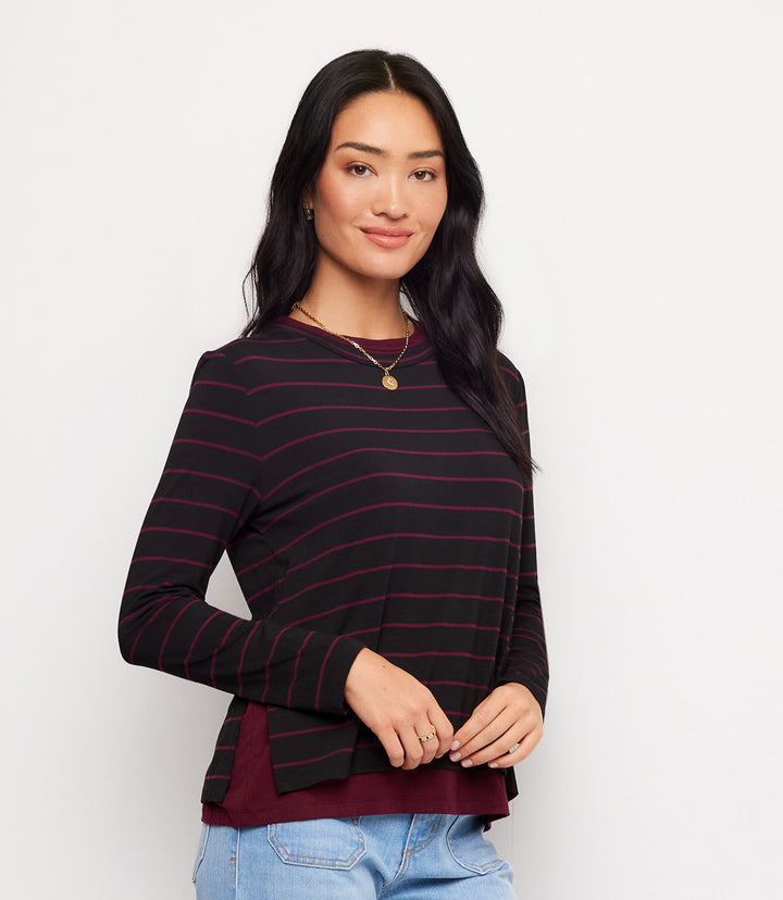 Long Sleeve Stripe Double Layer Side-Slit Top