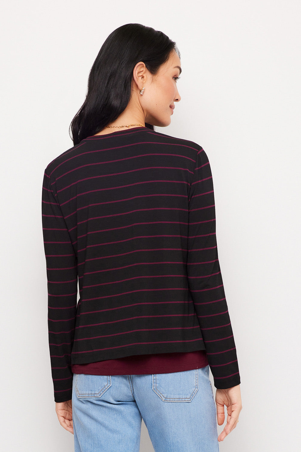 Long Sleeve Stripe Double Layer Side-Slit Top