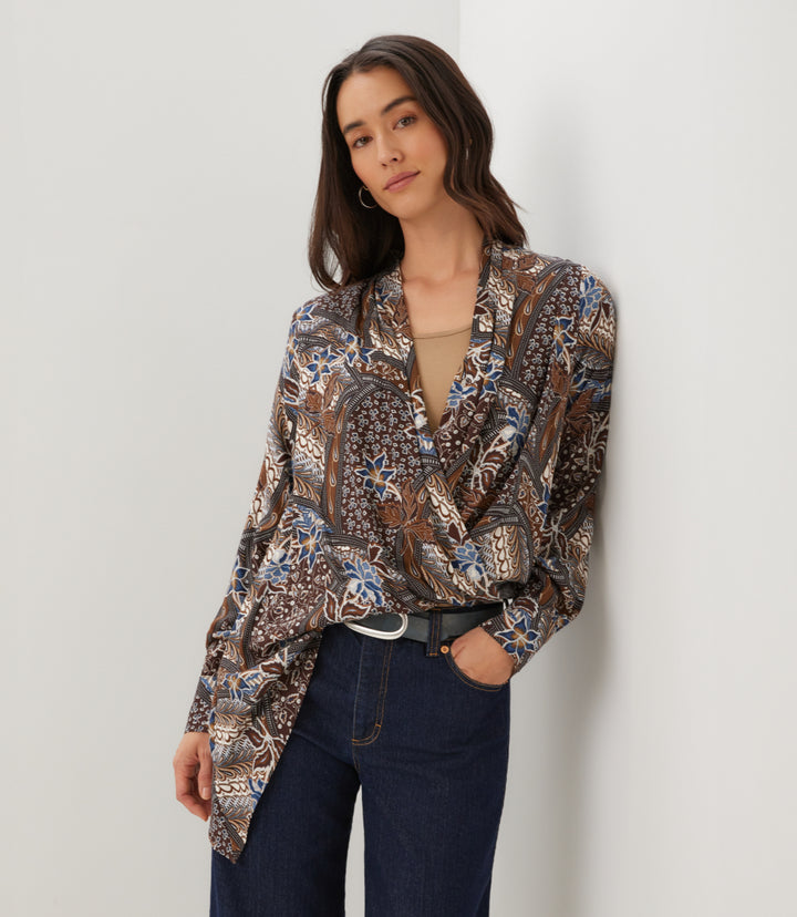 Long Sleeve Contrast Double Layer Wrap Top