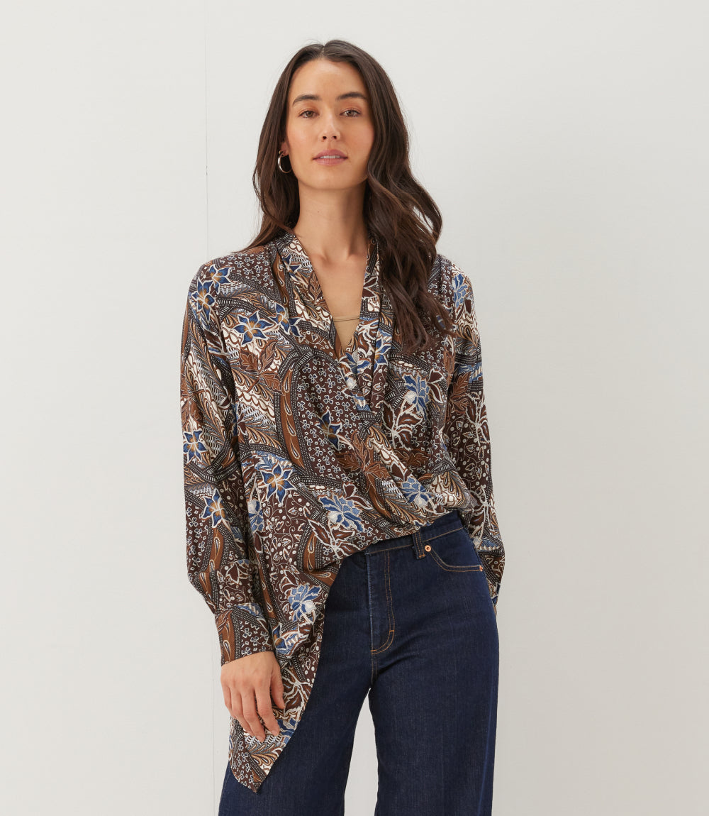 Long Sleeve Contrast Double Layer Wrap Top