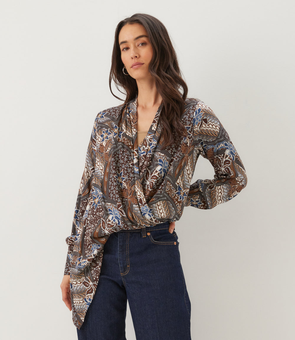 Long Sleeve Contrast Double Layer Wrap Top