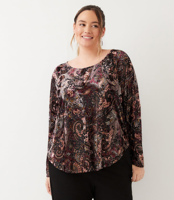 Plus Size Long Sleeve Velvet Burnout Shirttail Top
