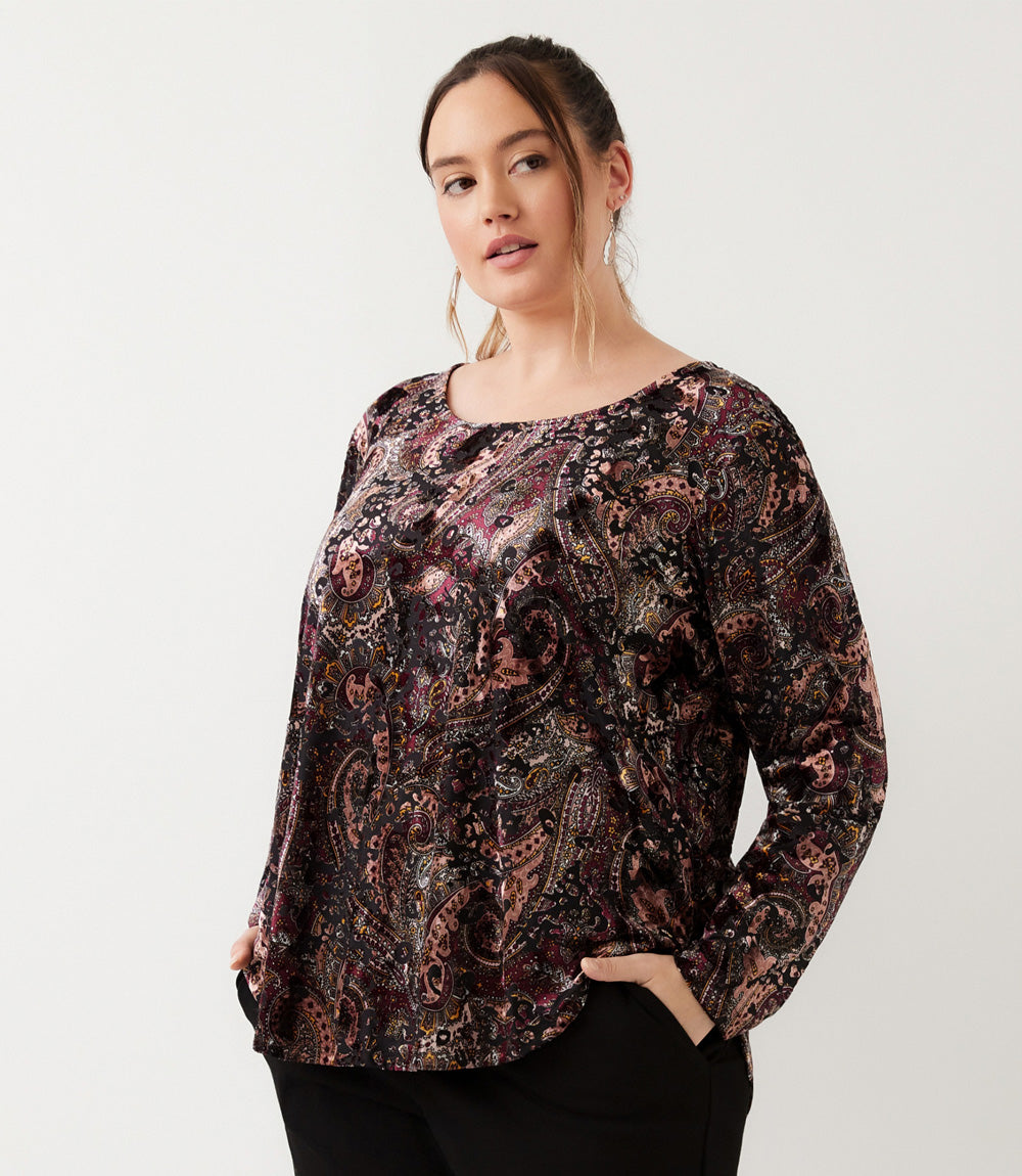 Plus Size Long Sleeve Velvet Burnout Shirttail Top