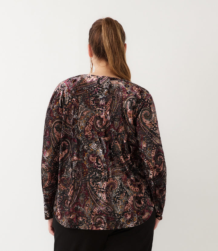 Plus Size Long Sleeve Velvet Burnout Shirttail Top