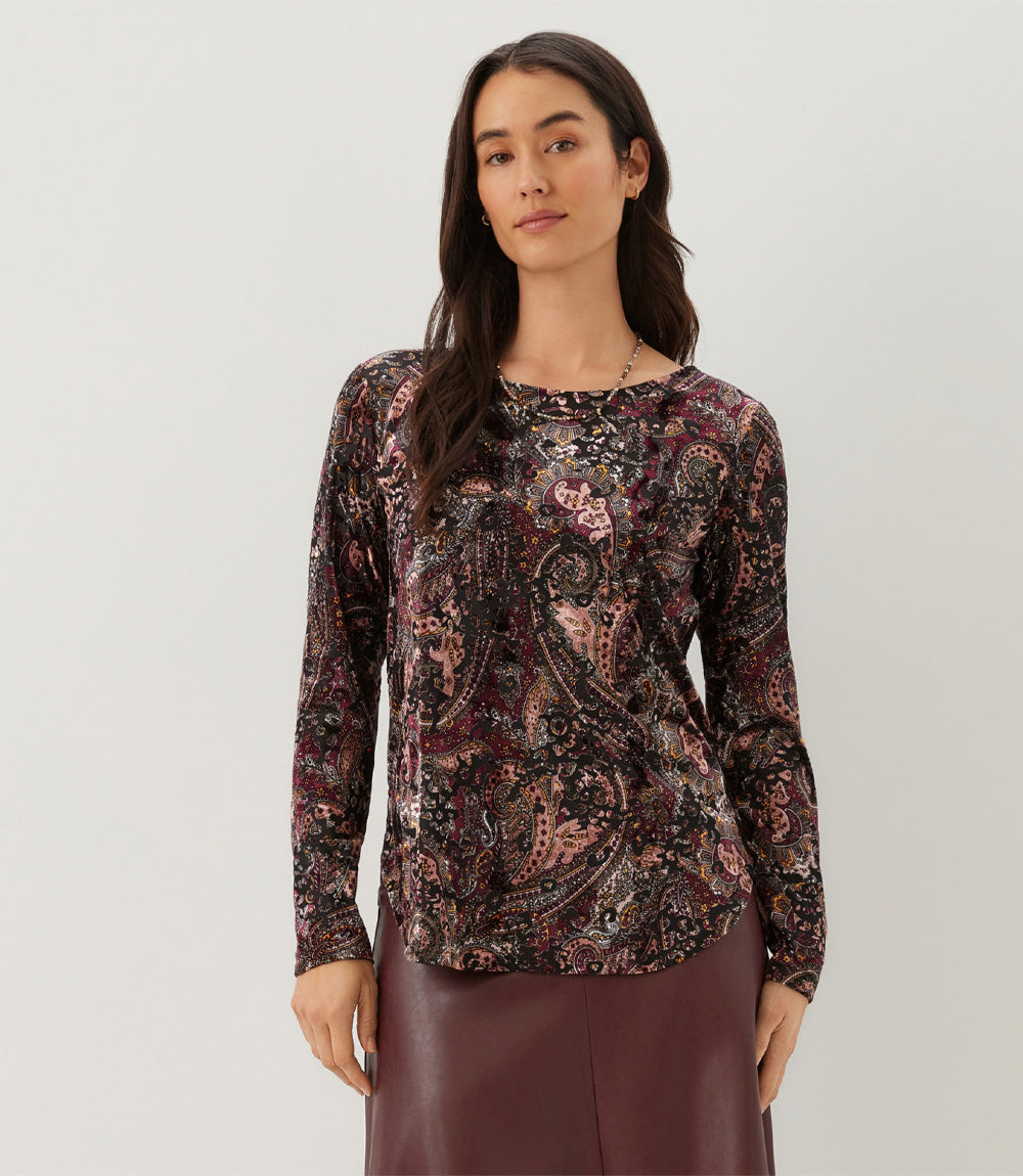 Long Sleeve Velvet Burnout Shirttail Top