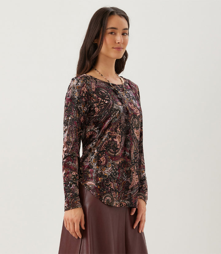 Long Sleeve Velvet Burnout Shirttail Top