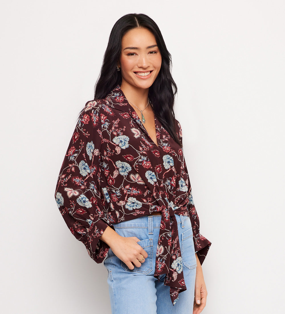 Blouson Sleeve Tie-Front Top