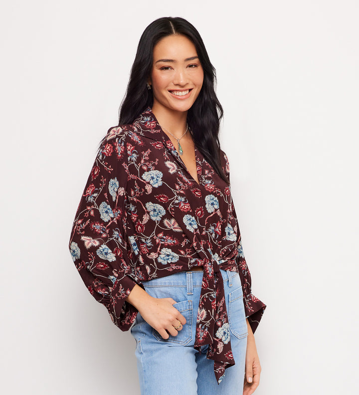Blouson Sleeve Tie-Front Top