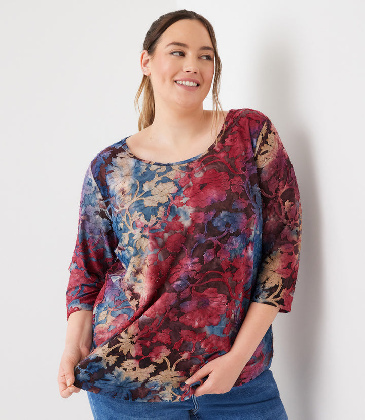 Plus Size 3/4 Sleeve Tie-Dye Burnout Shirttail Top