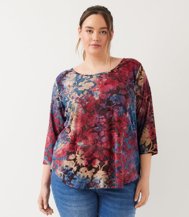 Plus Size 3/4 Sleeve Tie-Dye Burnout Shirttail Top
