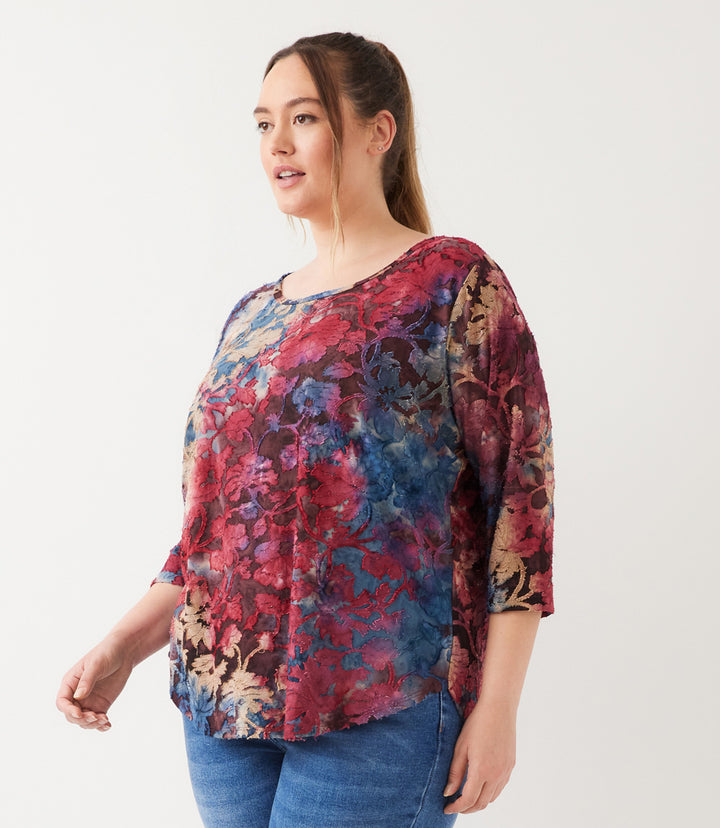 Plus Size 3/4 Sleeve Tie-Dye Burnout Shirttail Top