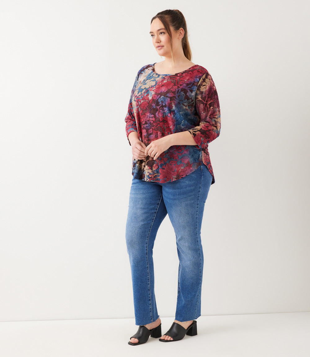 Plus Size 3/4 Sleeve Tie-Dye Burnout Shirttail Top