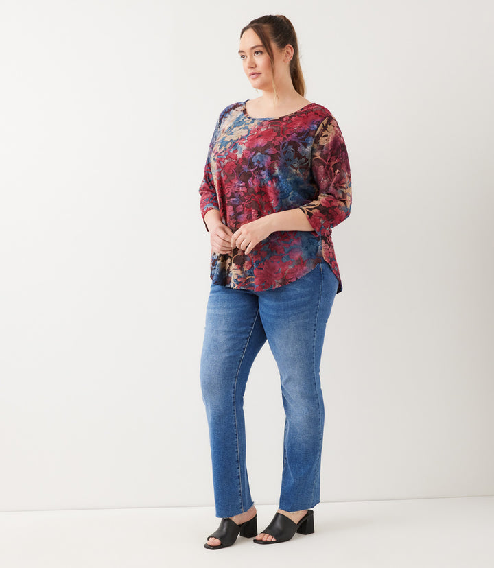 Plus Size 3/4 Sleeve Tie-Dye Burnout Shirttail Top