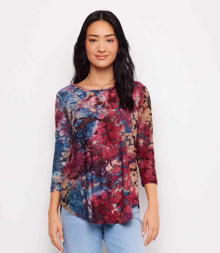 3/4 Sleeve Tie-Dye Burnout Shirttail Top