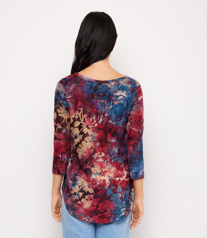 3/4 Sleeve Tie-Dye Burnout Shirttail Top