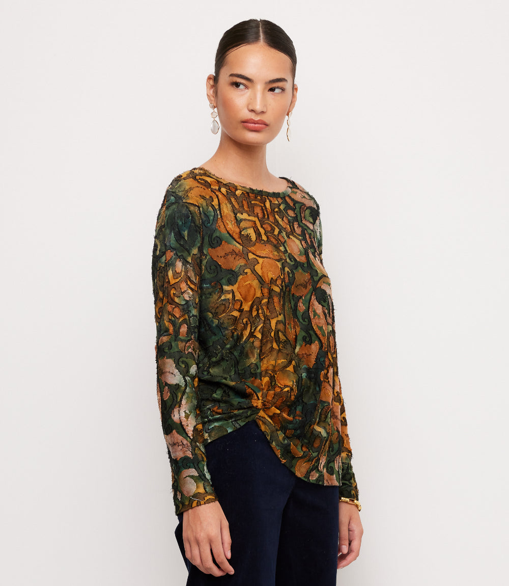 Long Sleeve Tie-Dye Burnout Side-Pick Up Top