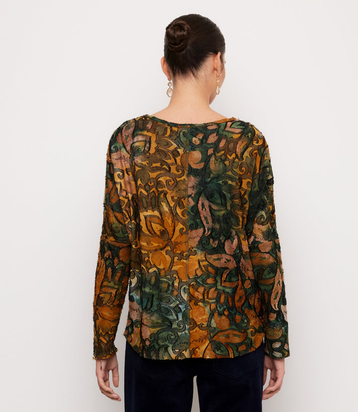 Long Sleeve Tie-Dye Burnout Side-Pick Up Top