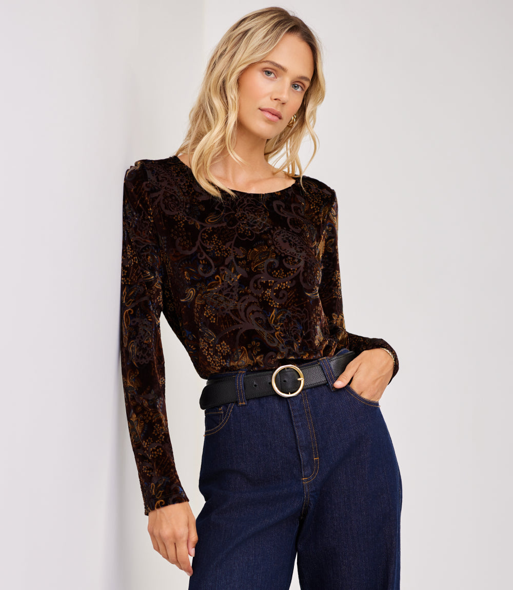 Petite Size Long Sleeve Velvet Burnout Shirttail Top