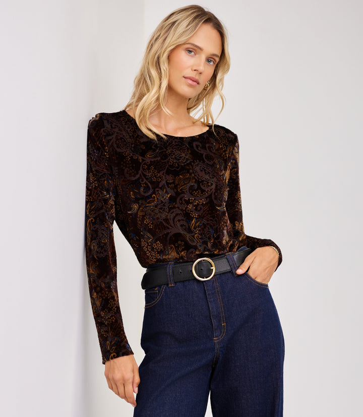 Petite Size Long Sleeve Velvet Burnout Shirttail Top