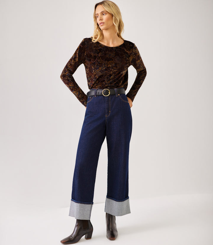 Petite Size Long Sleeve Velvet Burnout Shirttail Top