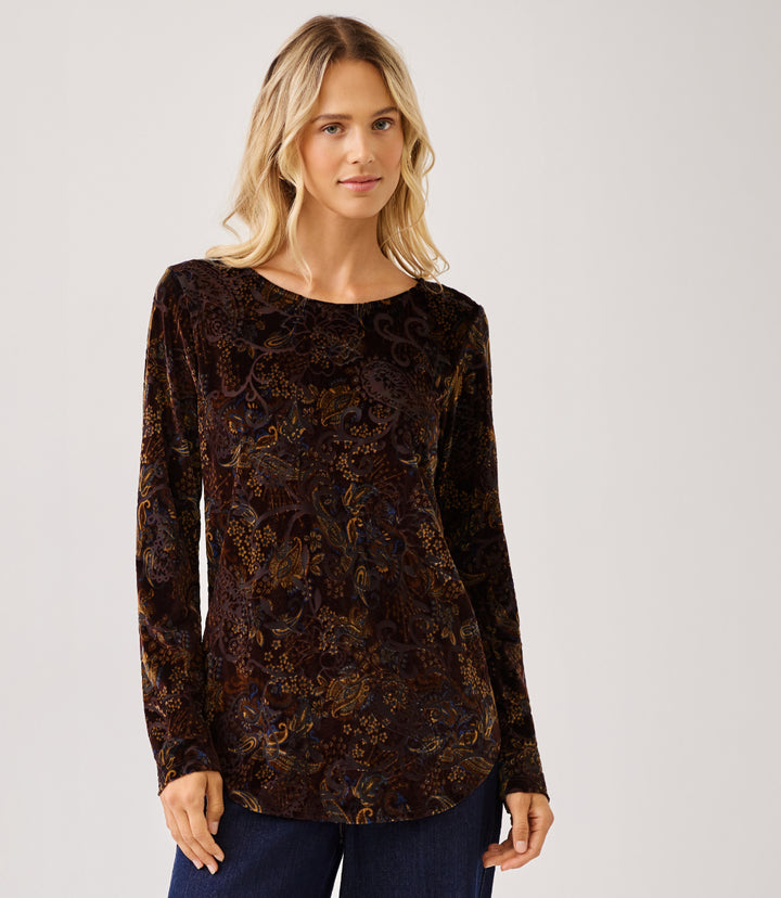 Petite Size Long Sleeve Velvet Burnout Shirttail Top