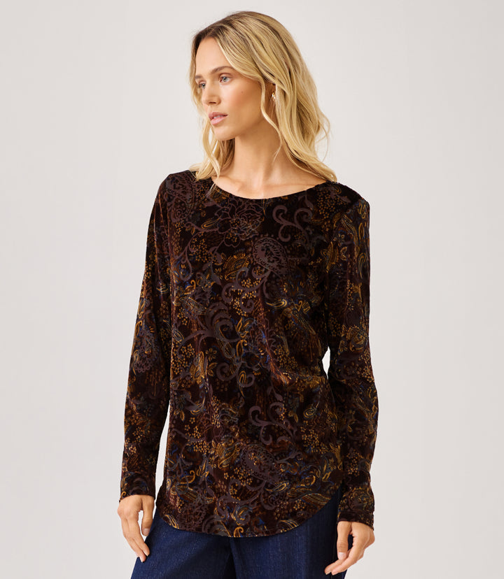 Petite Size Long Sleeve Velvet Burnout Shirttail Top