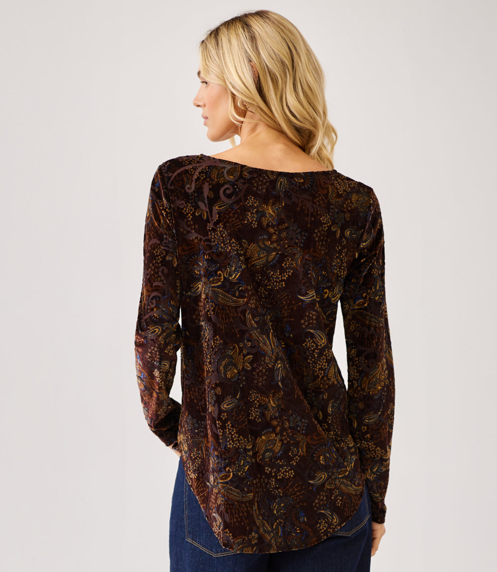 Petite Size Long Sleeve Velvet Burnout Shirttail Top